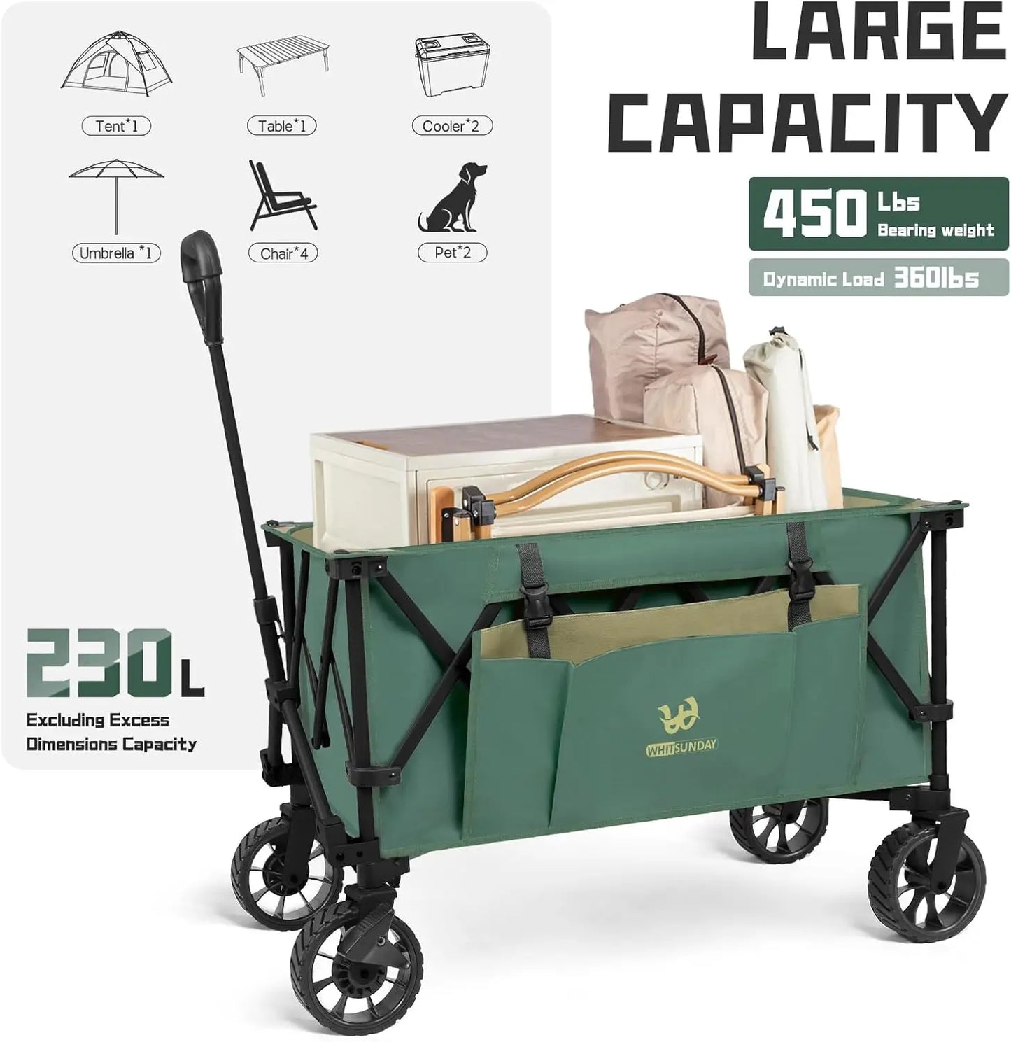 Folding Collapsible Utility Wagon 400 Pounds Heavy Duty Outdoor Park Beach Wagon with Table and Side Pocket for Garden Camping