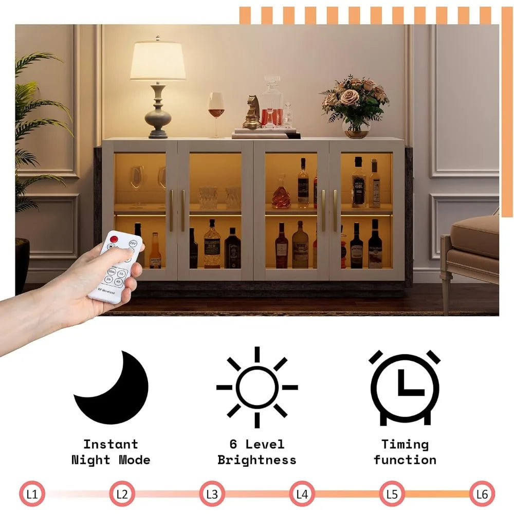 Sideboard Buffet Cabinet with LED Lights Modern Glass Doors Storage Cabinet Adjustable Shelf Mixed Color Accent Furniture
