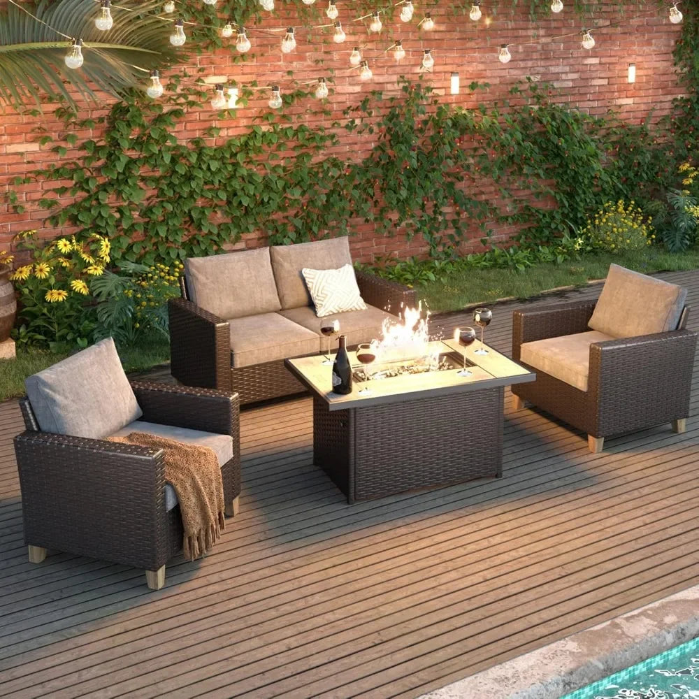 Outdoor Propane Fire Pit Table with Cover 43 Inch 50000 BTU Wicker Rectangle for Patio