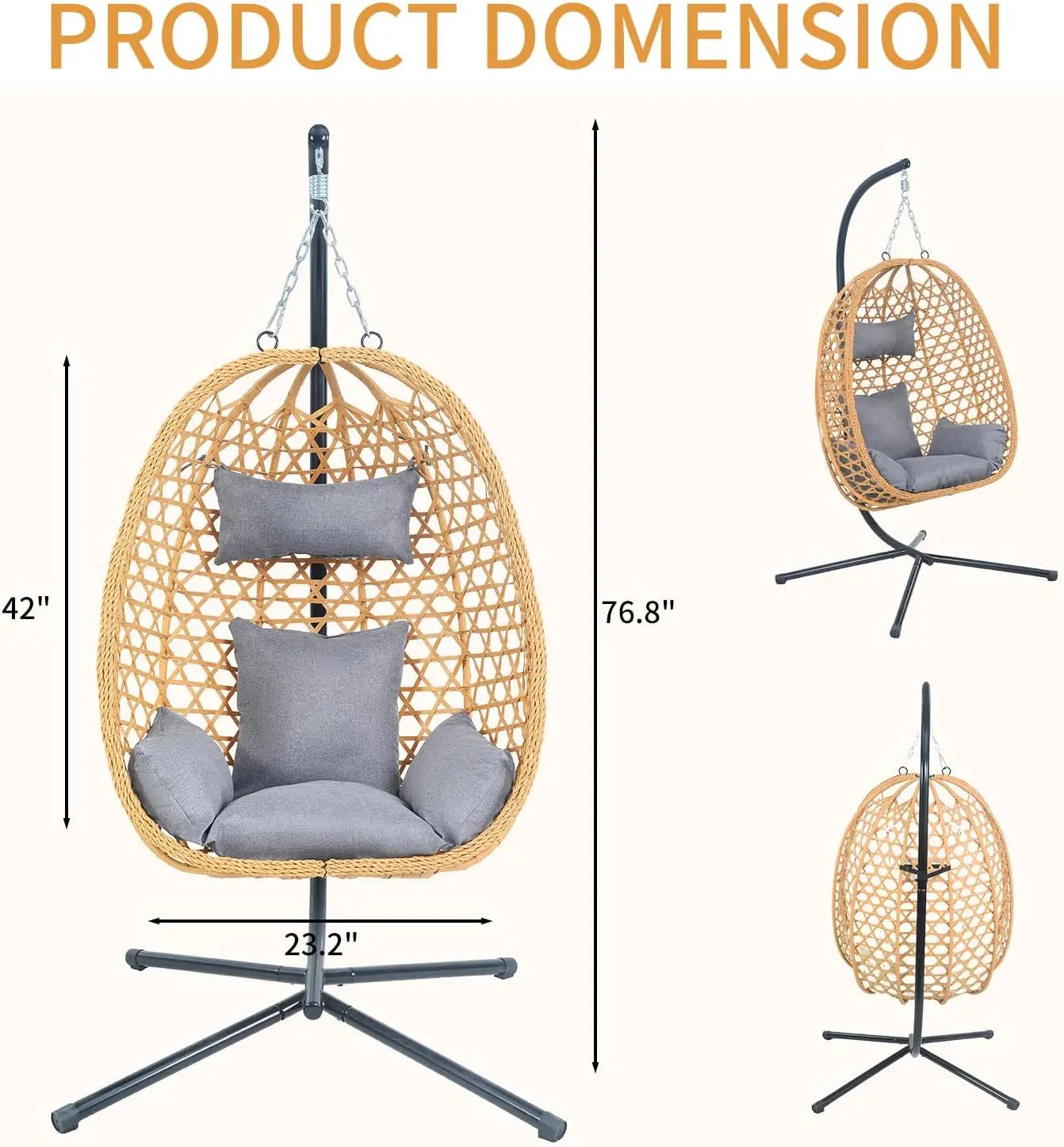 Hanging Egg Chair with Cushions Comfortable Rattan Swing Chair with Stand for Patio Garden or Balcony Stylish Outdoor Lounge Chair 350LBS Capacity