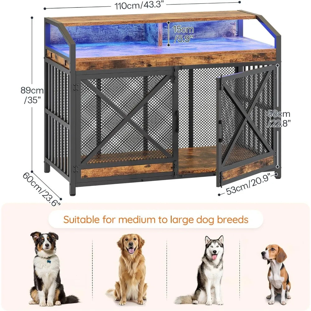 43.3 Inch Dog Crate Furniture with Storage Shelves and LED Light Heavy Duty Dog Kennel Indoor Wooden Dog Cage End Table with Hooks