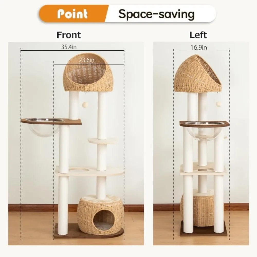 Wood Cat Tower 60 Inch with Woven Beds 5 Level Natural Cat Condo with Sisal Posts and Clear Bubble Lounge Multi Level Cat Furniture
