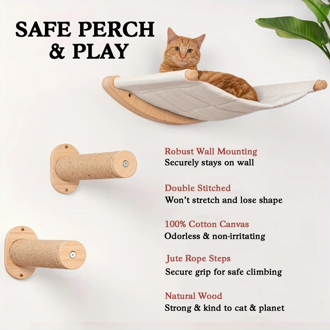 Cat Hammock Wall Mounted Cat Shelf With Two Steps Wood Cat Wall Shelves And Perches For Sleeping Playing Climbing And Lounging