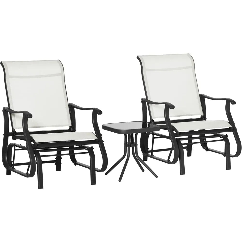 3-Piece Outdoor Gliders Set Bistro Set with Steel Frame, Tempered Glass Top Table for Patio, Garden, Backyard, Lawn, Cream Whit