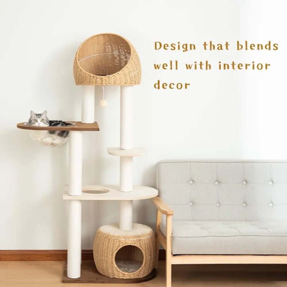 Wood Cat Tower 60 Inch with Woven Beds 5 Level Natural Cat Condo with Sisal Posts and Clear Bubble Lounge Multi Level Cat Furniture