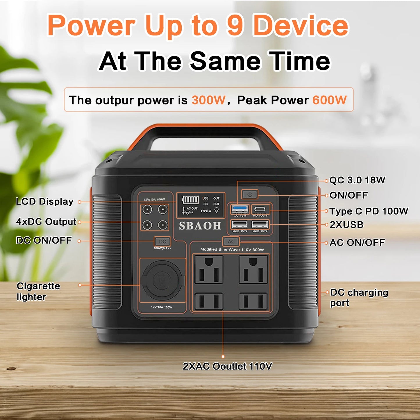 Portable Power Station 300W 296Wh Solar Generator Quick Charge 110V AC Outlets DC Ports and LED Flashlight Lithium Battery
