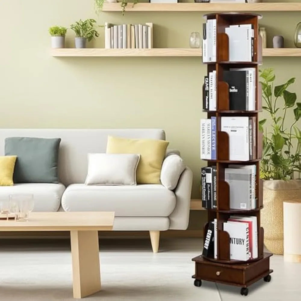 Solid Wood Rotating Bookshelf Tower 360 Round Revolving Bookcase with Drawers Spinning Bookshelf for Home Office Study Room Walnut