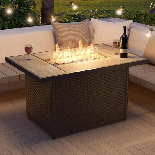 Outdoor Propane Fire Pit Table with Cover 43 Inch 50000 BTU Wicker Rectangle for Patio