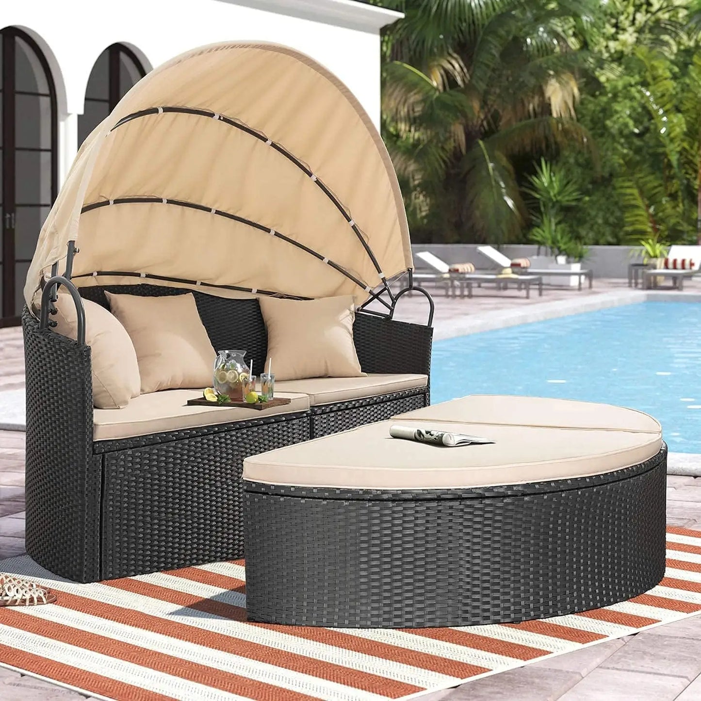 Patio Outdoor Daybed with Retractable Canopy Rattan Wicker Sectional Seating and Washable Cushions for Garden Backyard Porch