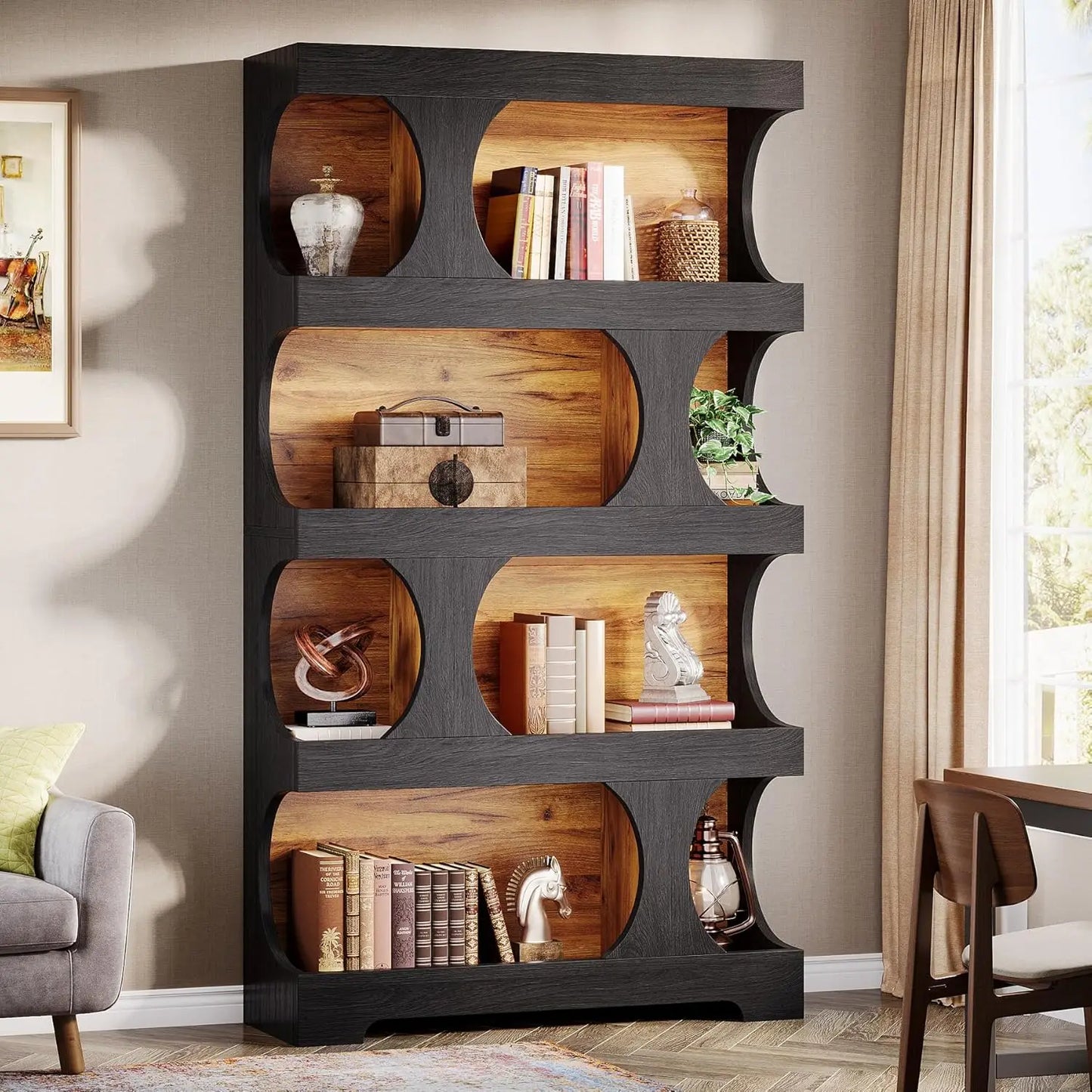 Black Bookcase Modern Bookshelf 4 Tier Freestanding Display Shelf Classic Shape for Living Room Home Office