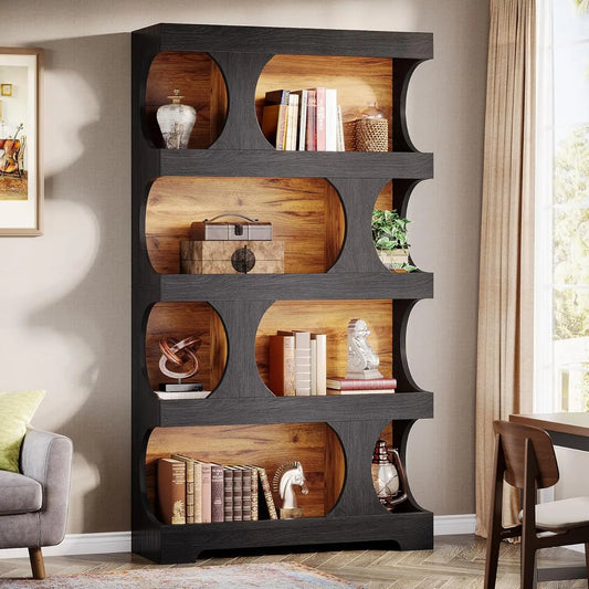 Black Bookcase Modern Bookshelf 4 Tier Freestanding Display Shelf Classic Shape for Living Room Home Office