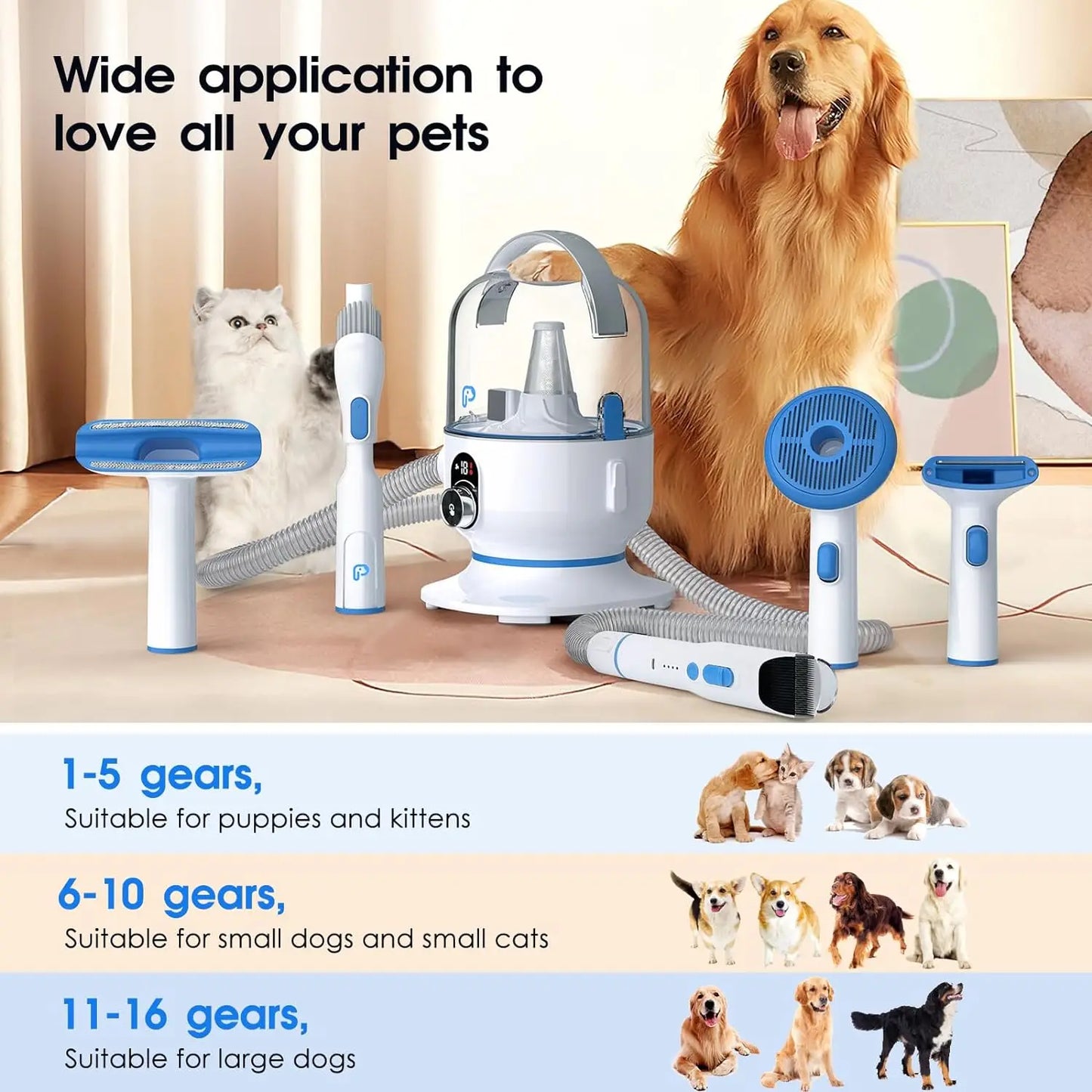 Dog Grooming Kit with 2L Vacuum Suction 99 Percent Pet Hair Professional Pet Grooming Vacuum Kit with 5 Grooming Tools for Dogs and Cats