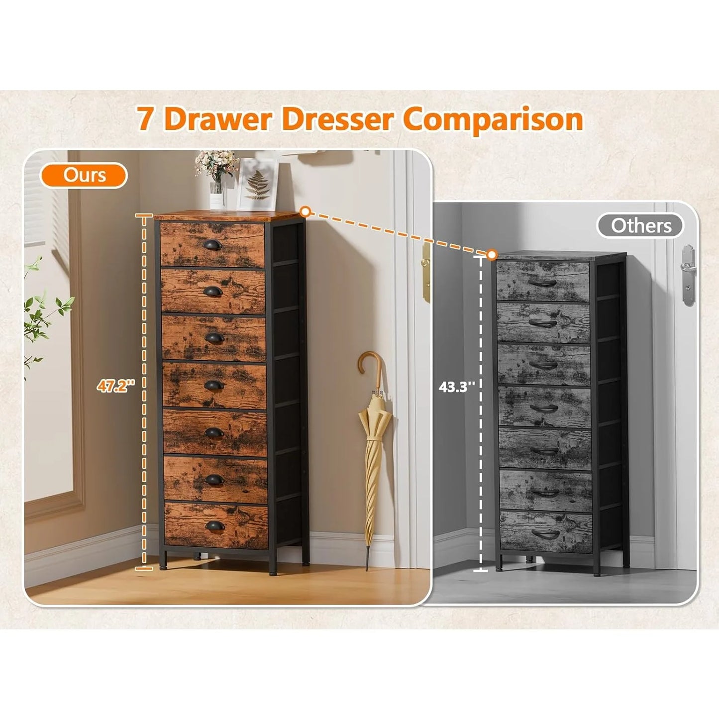 Industrial Dresser With 7 Drawers Tall Chest Storage