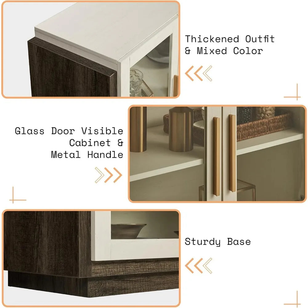 Sideboard Buffet Cabinet with LED Lights Modern Glass Doors Storage Cabinet Adjustable Shelf Mixed Color Accent Furniture