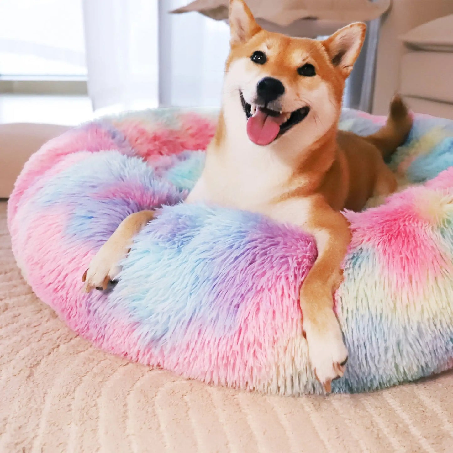 Calming Donut Pet Bed for Large Dogs 36 Inch Anti Anxiety Plush Cozy Warming Dog Bed Pink Rainbow