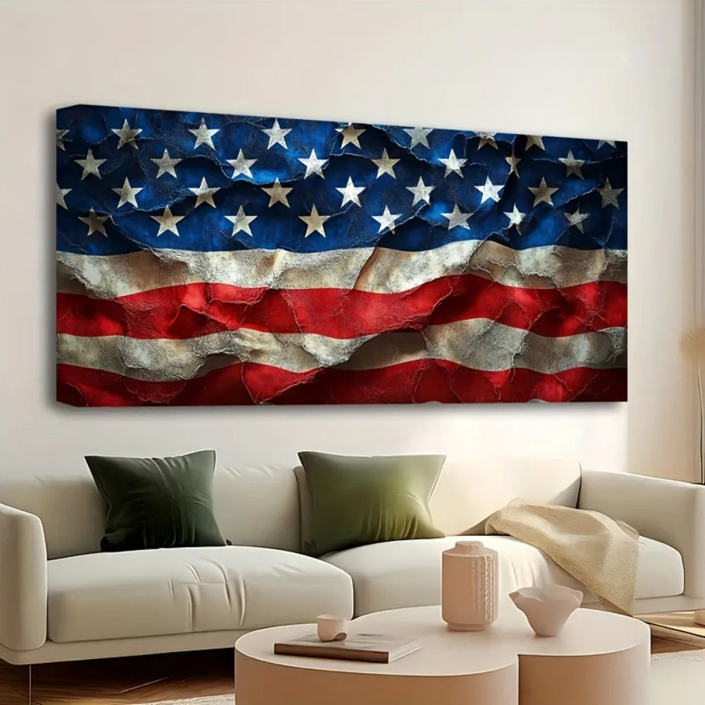 1.5 Inch Thick Pine Solid Wood Frame American Flag Wall Art Independence Day Canvas Home Decor