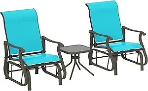 3-Piece Outdoor Gliders Set Bistro Set with Steel Frame, Tempered Glass Top Table for Patio, Garden, Backyard, Lawn, Cream Whit