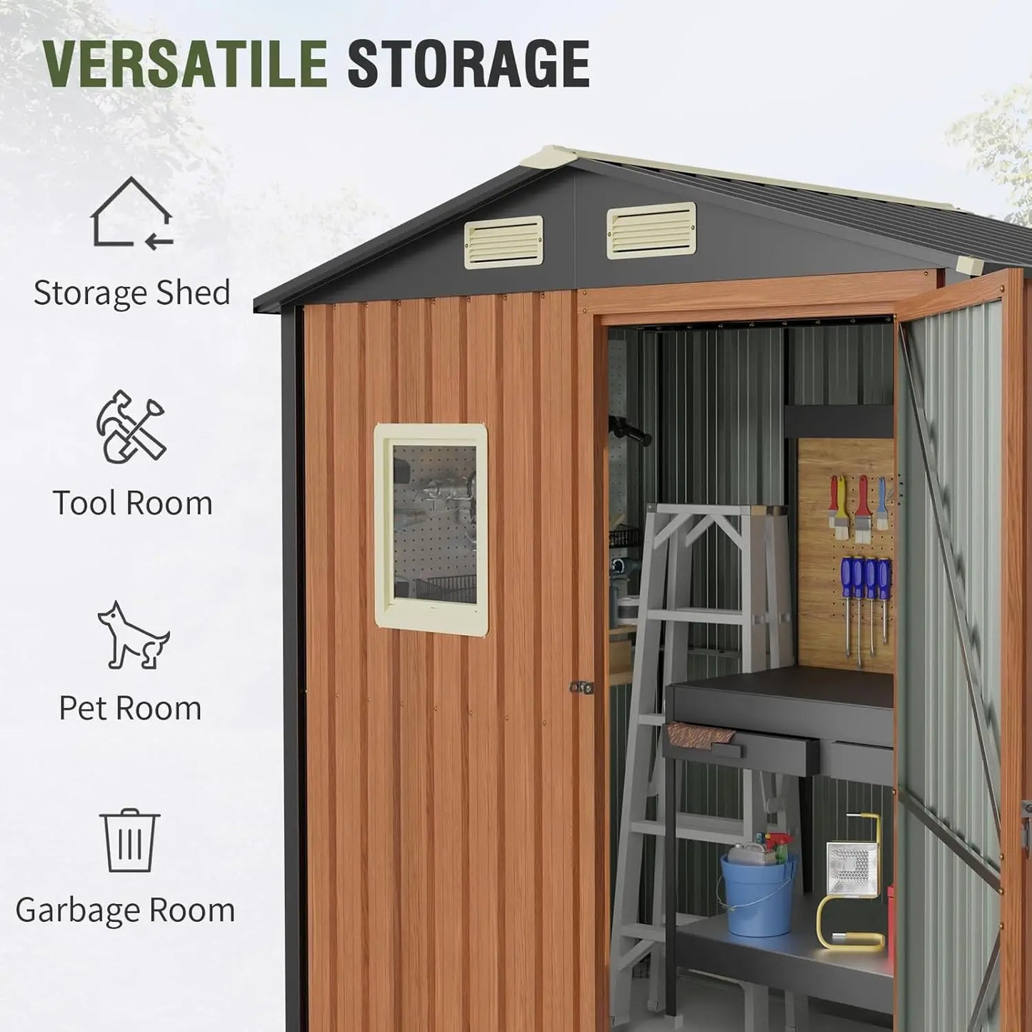 Outdoor Storage Shed 6x4 Ft Lockable Metal Garden Shed with Window Tool Shed Tiny House Vertical Storage Building for Backyard Lawn Patio and Bike
