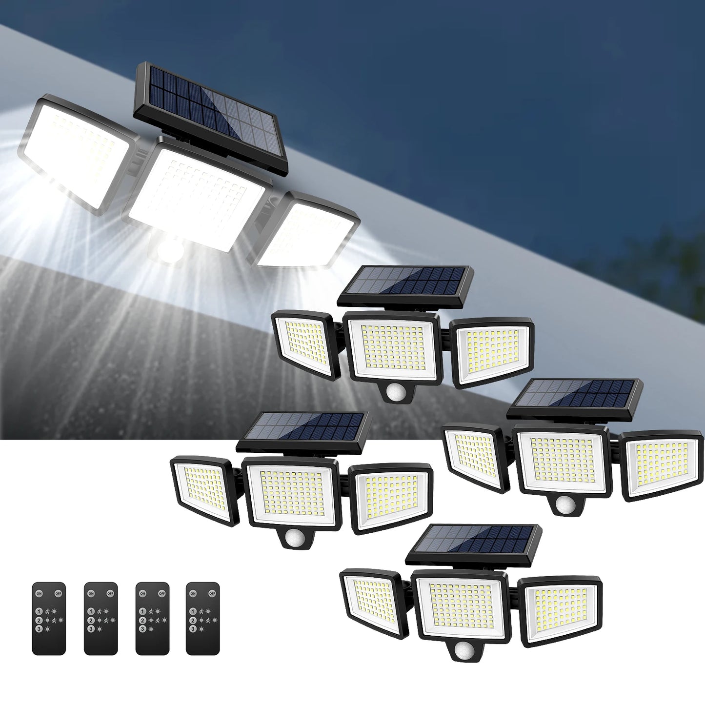 IP65 Waterproof Triple Head Outdoor Solar Light 210LED 2500LM Motion Sensor Safety Light for Porch Garage Yard Entrance Patio