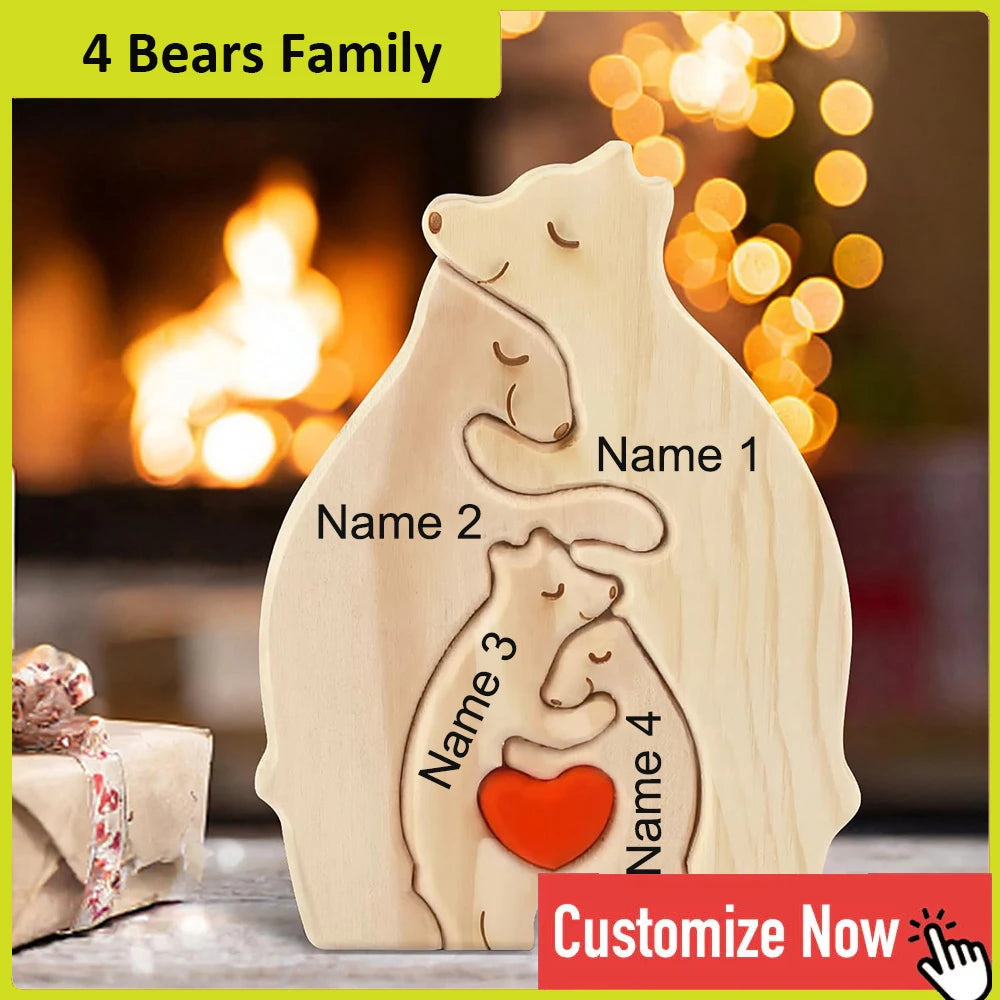 Personalized Custom Bear Family Wooden Puzzle DIY Free Engraving Name Desk Decor Figurine Christmas Birthday Gift
