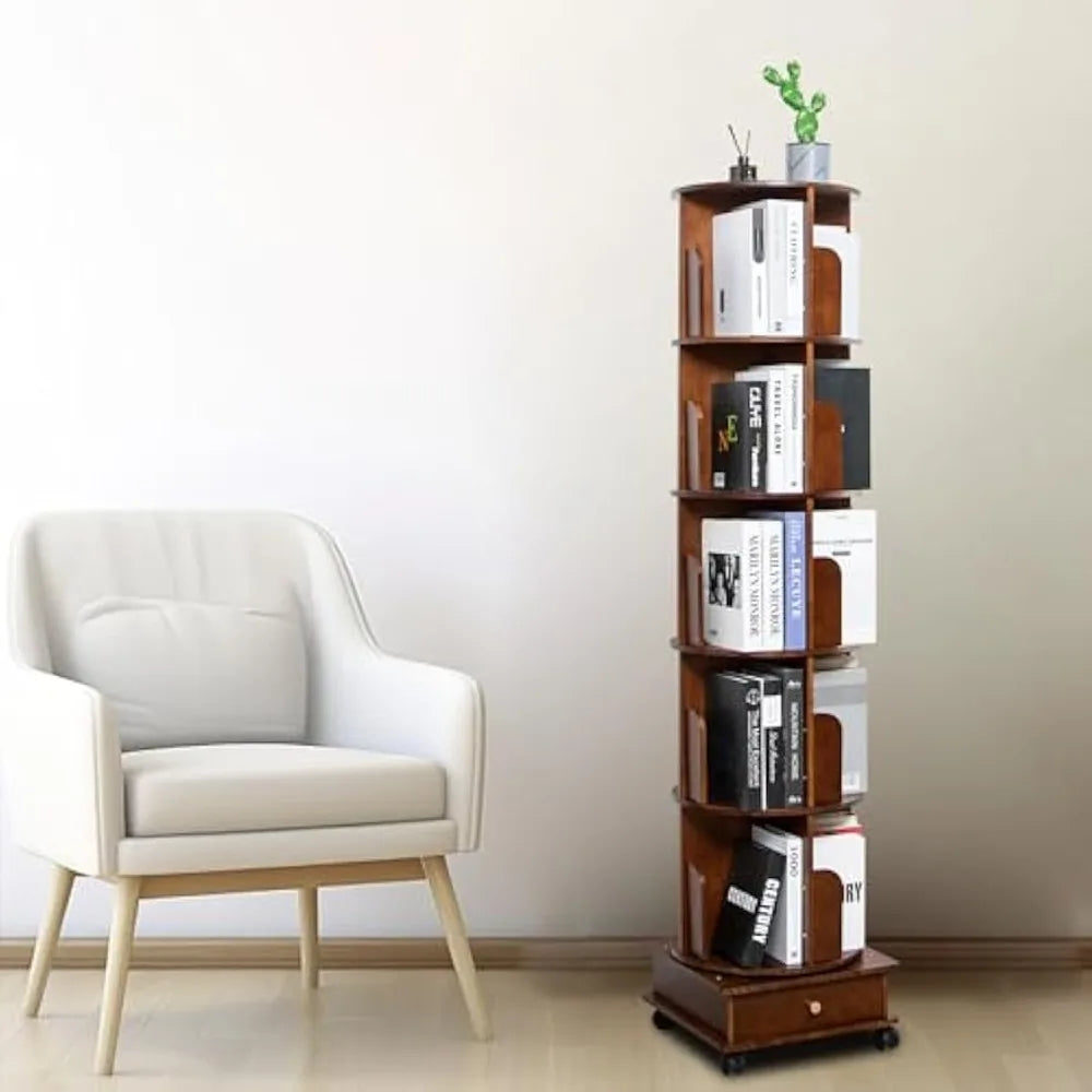 Solid Wood Rotating Bookshelf Tower 360 Round Revolving Bookcase with Drawers Spinning Bookshelf for Home Office Study Room Walnut