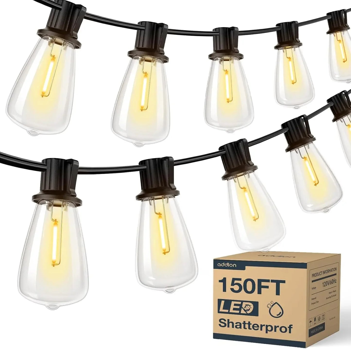 150FT LED Outdoor String Lights Waterproof Patio Lights Shatterproof ST38 Replaceable Bulbs Dimmable Hanging Lights