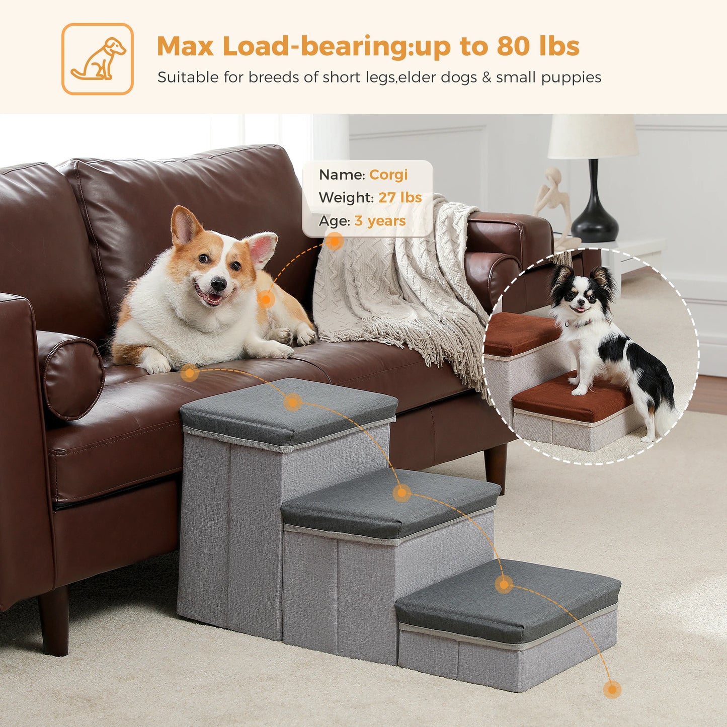 3 Tier Dog Stairs Foldable Pet Stair with Storage Box Adjustable Height Dog Steps for Small Old Dogs and Cats Non Slip Pet Ramp Indoor