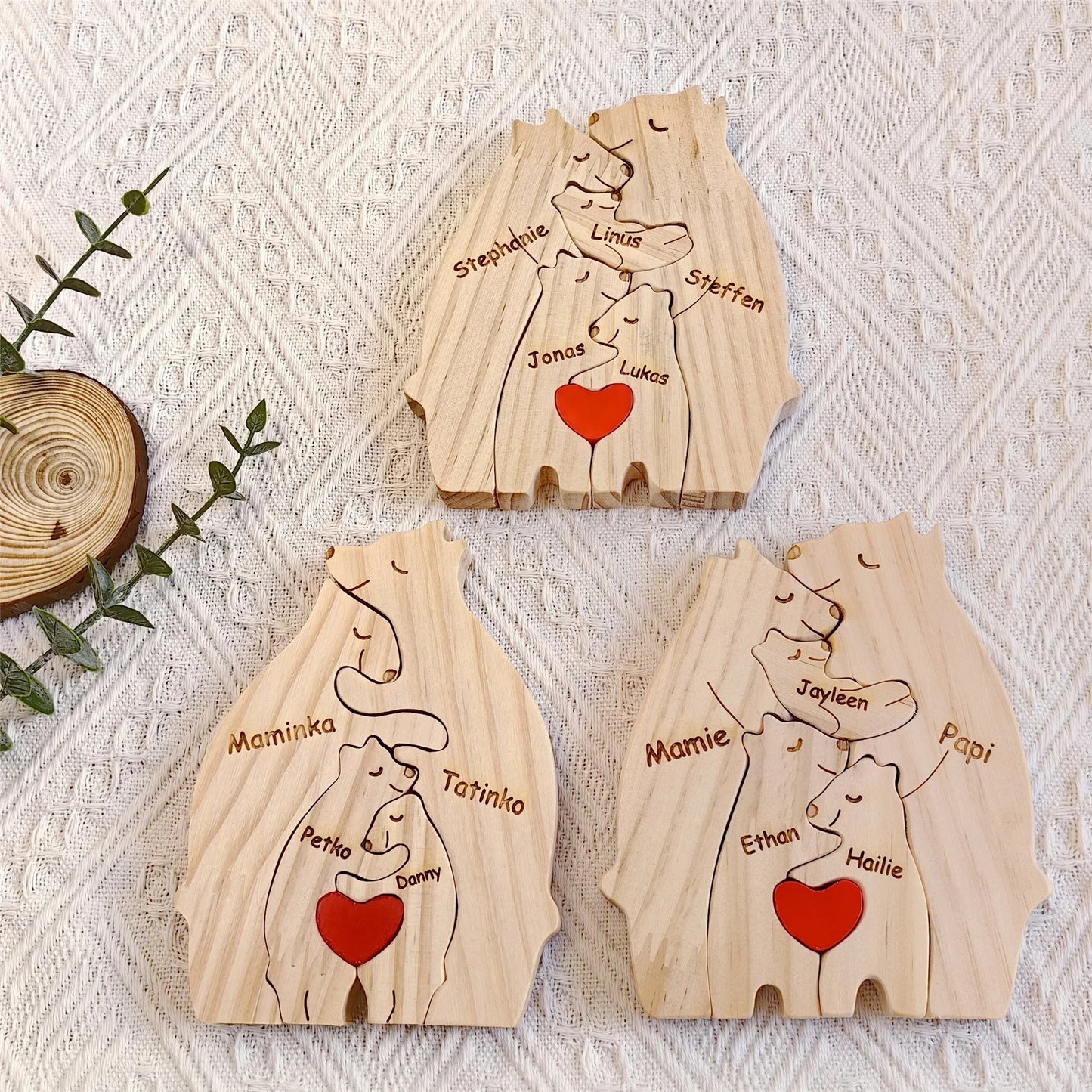 Personalized Custom Bear Family Wooden Puzzle DIY Free Engraving Name Desk Decor Figurine Christmas Birthday Gift