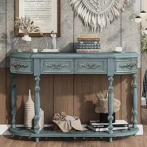Retro Wood Curved Console Table 52 Inch Half Moon Hall Sofa Table with Drawers and Shelf for Living Room Entryway Furniture