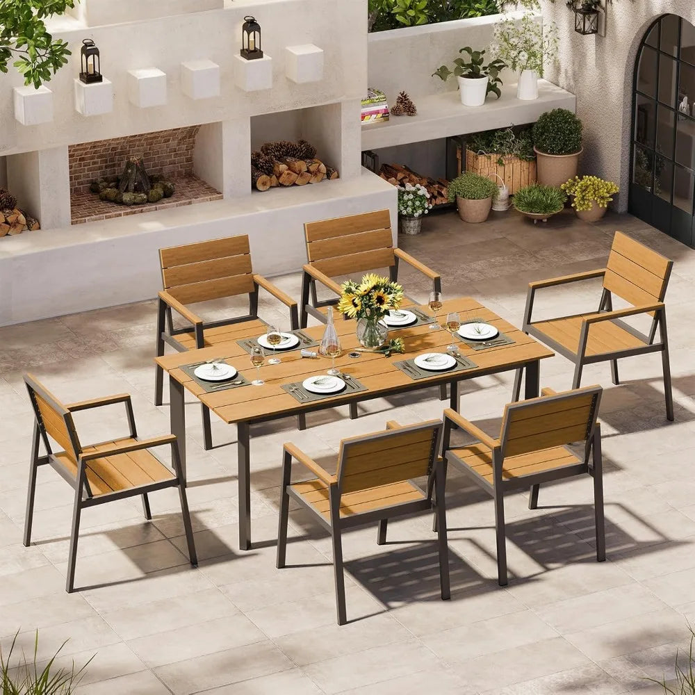 Outdoor Dining Set for 6 with Umbrella Hole 7 Pieces HDPS Patio Table and Chairs Set