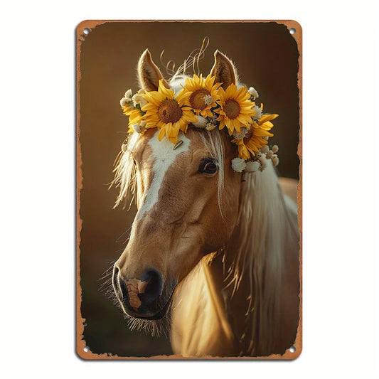 Vintage Horse with Sunflower Metal Tin Plate Rustic Wall Decoration 8x12 Inch Iron Plate for Homes Bars Cafes and Garages