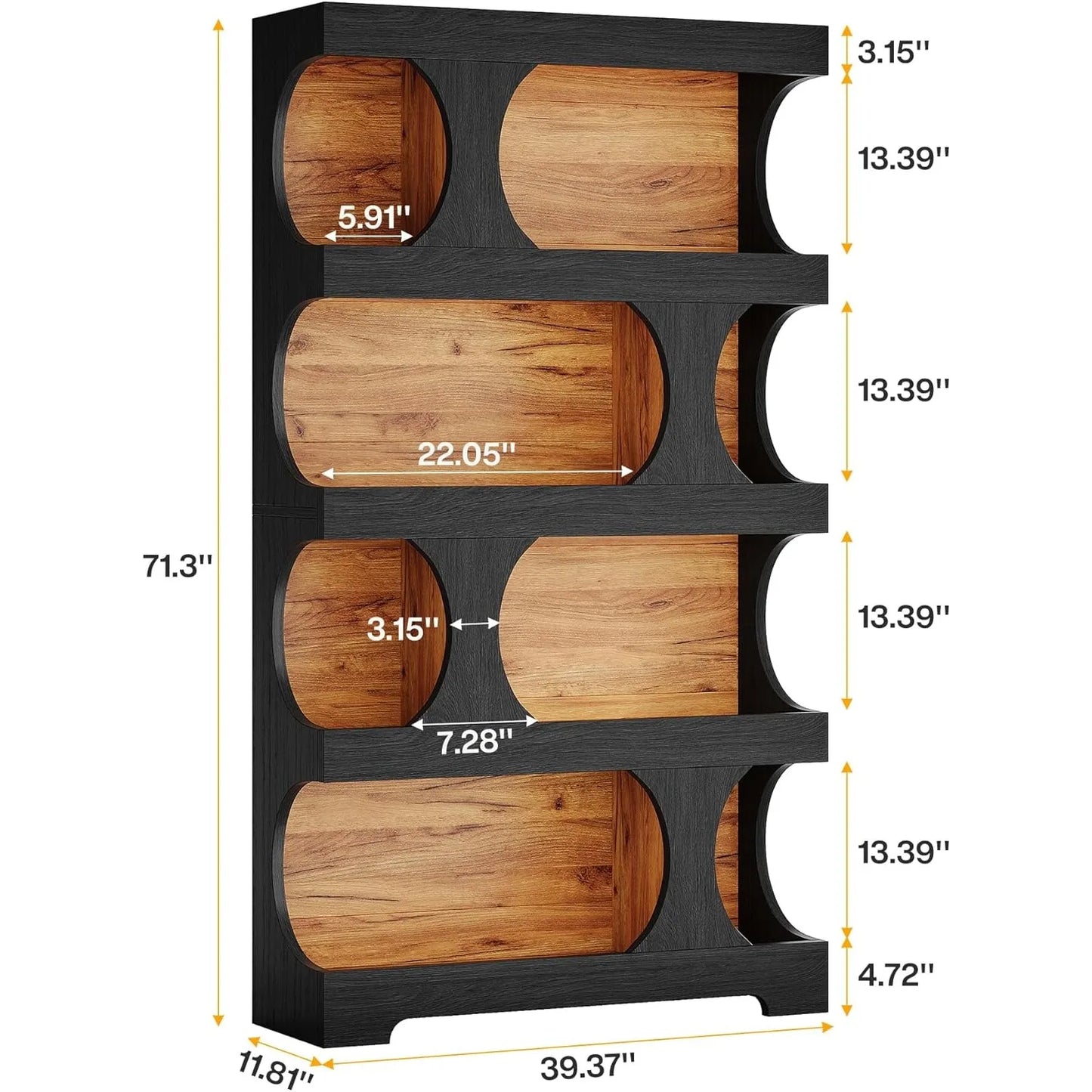 Black Bookcase Modern Bookshelf 4 Tier Freestanding Display Shelf Classic Shape for Living Room Home Office