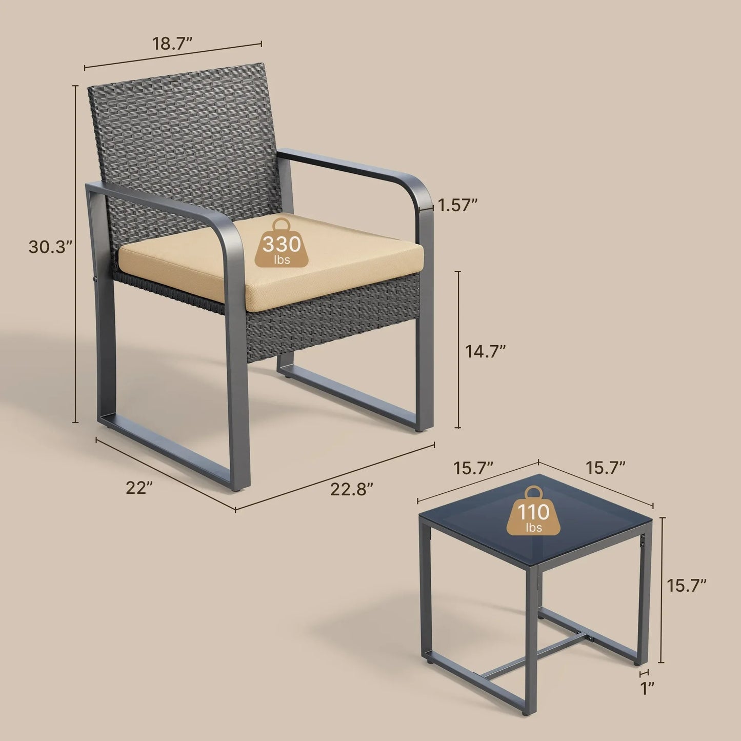 3 Piece Patio Chairs Set with Glass Coffee Table Outdoor Rattan Furniture Set for Garden Porch Bistro Yard Gray Cushion