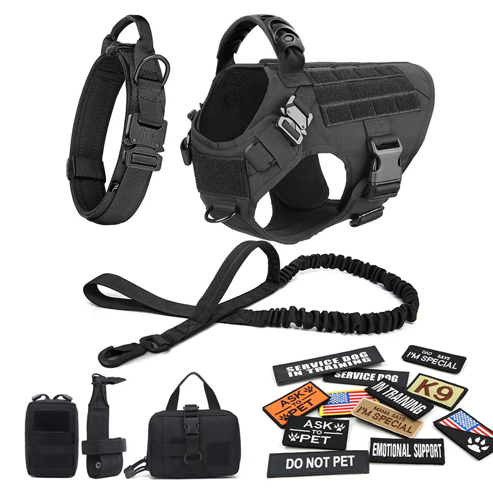 Military Large Dog Harness Collar Leash Bags Patches Set Tactical Vest for Malinois Training
