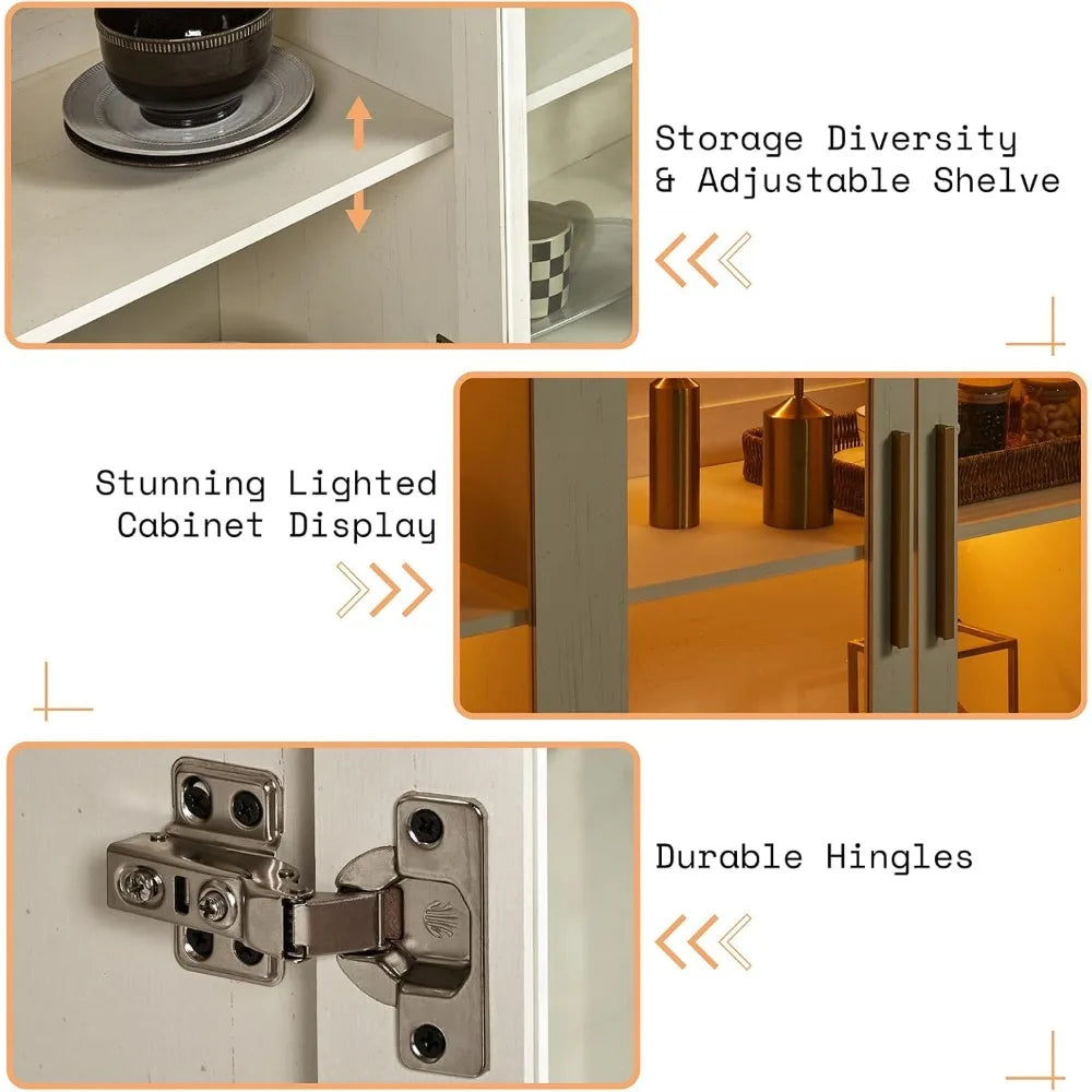 Sideboard Buffet Cabinet with LED Lights Modern Glass Doors Storage Cabinet Adjustable Shelf Mixed Color Accent Furniture