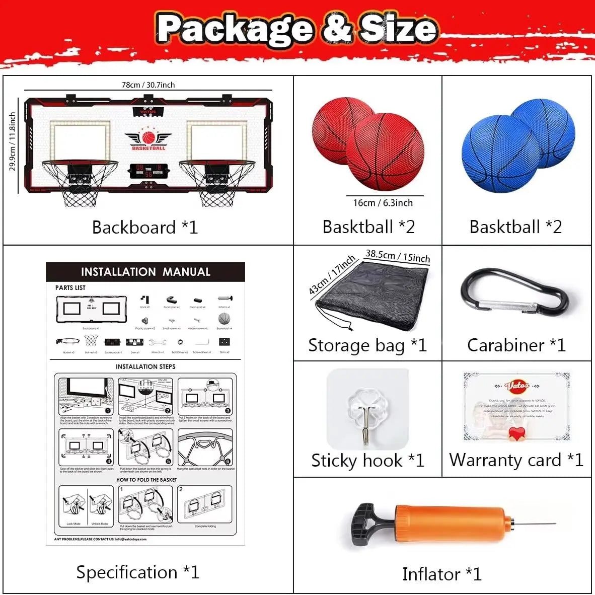 Vatos 2x Basketball Hoop Indoor Outdoor Electric Mini Scoreboard with 4 Balls Toy Gift for Kids Boys Girls Sports Game