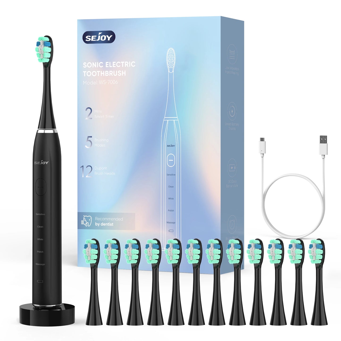 Sejoy USB Rechargeable Smart Electric Toothbrush 12 Heads