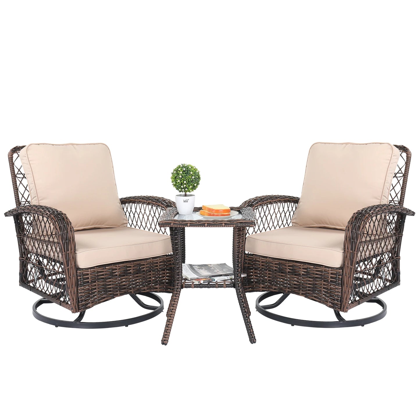 3 Pieces Patio Furniture Set Outdoor Swivel Gliders Rocker Wicker Patio Bistro Brown Gradient Rattan