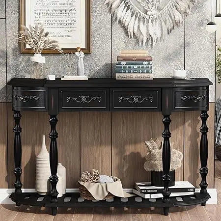 Retro Wood Curved Console Table 52 Inch Half Moon Hall Sofa Table with Drawers and Shelf for Living Room Entryway Furniture