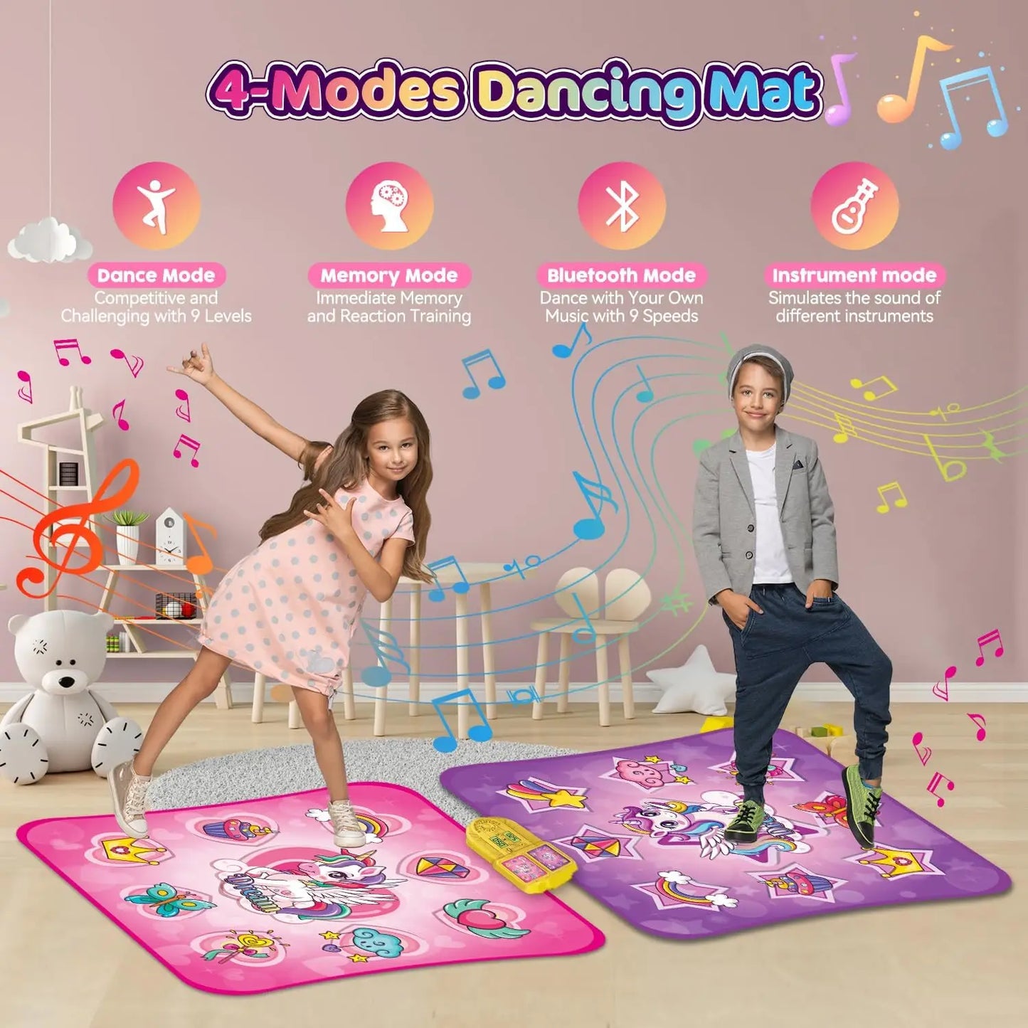 VATOS Double Dance Mat for Girls - 4 Game Modes & 9 Challenge Levels with Adjustable Volume Music Play Mat Birthday Gifts Toys
