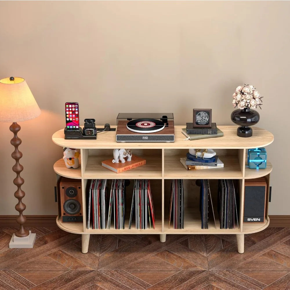 Large Round Record Player Stand with Charging Station and USB Ports Mid Century Modern Turntable Stand and Record Storage Cabinet