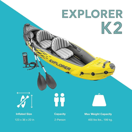 68307EP Explorer K2 Inflatable Kayak Set with Deluxe 86 Inch Aluminum Oars and High Output Pump Super Strong PVC