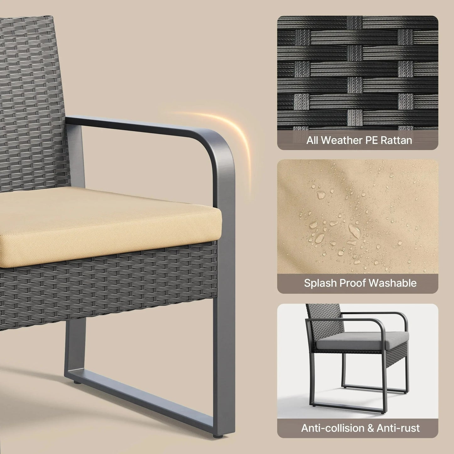 3 Piece Patio Chairs Set with Glass Coffee Table Outdoor Rattan Furniture Set for Garden Porch Bistro Yard Gray Cushion