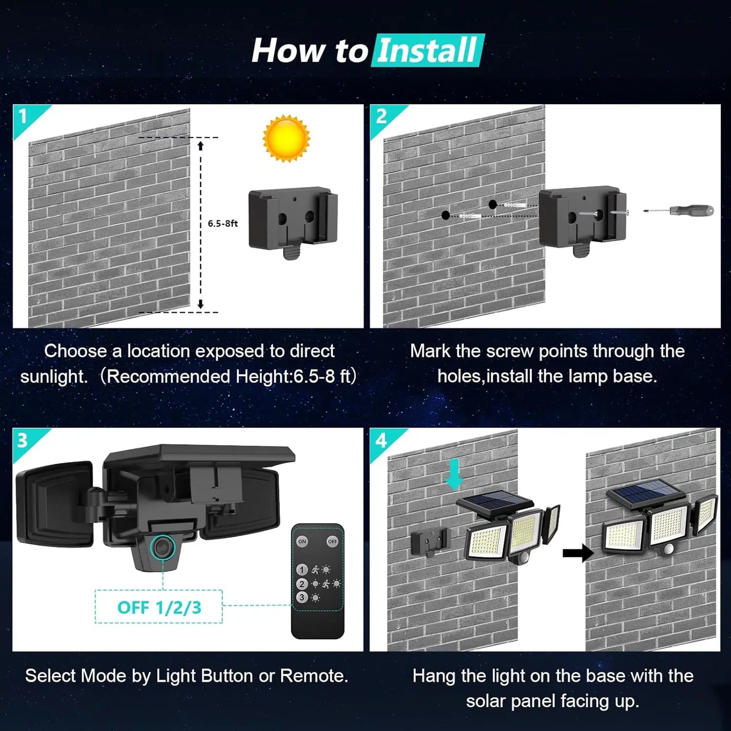 IP65 Waterproof Triple Head Outdoor Solar Light 210LED 2500LM Motion Sensor Safety Light for Porch Garage Yard Entrance Patio