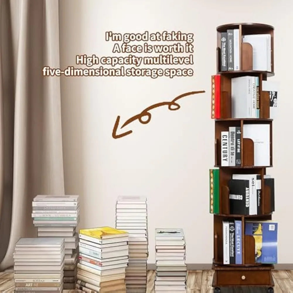 Solid Wood Rotating Bookshelf Tower 360 Round Revolving Bookcase with Drawers Spinning Bookshelf for Home Office Study Room Walnut