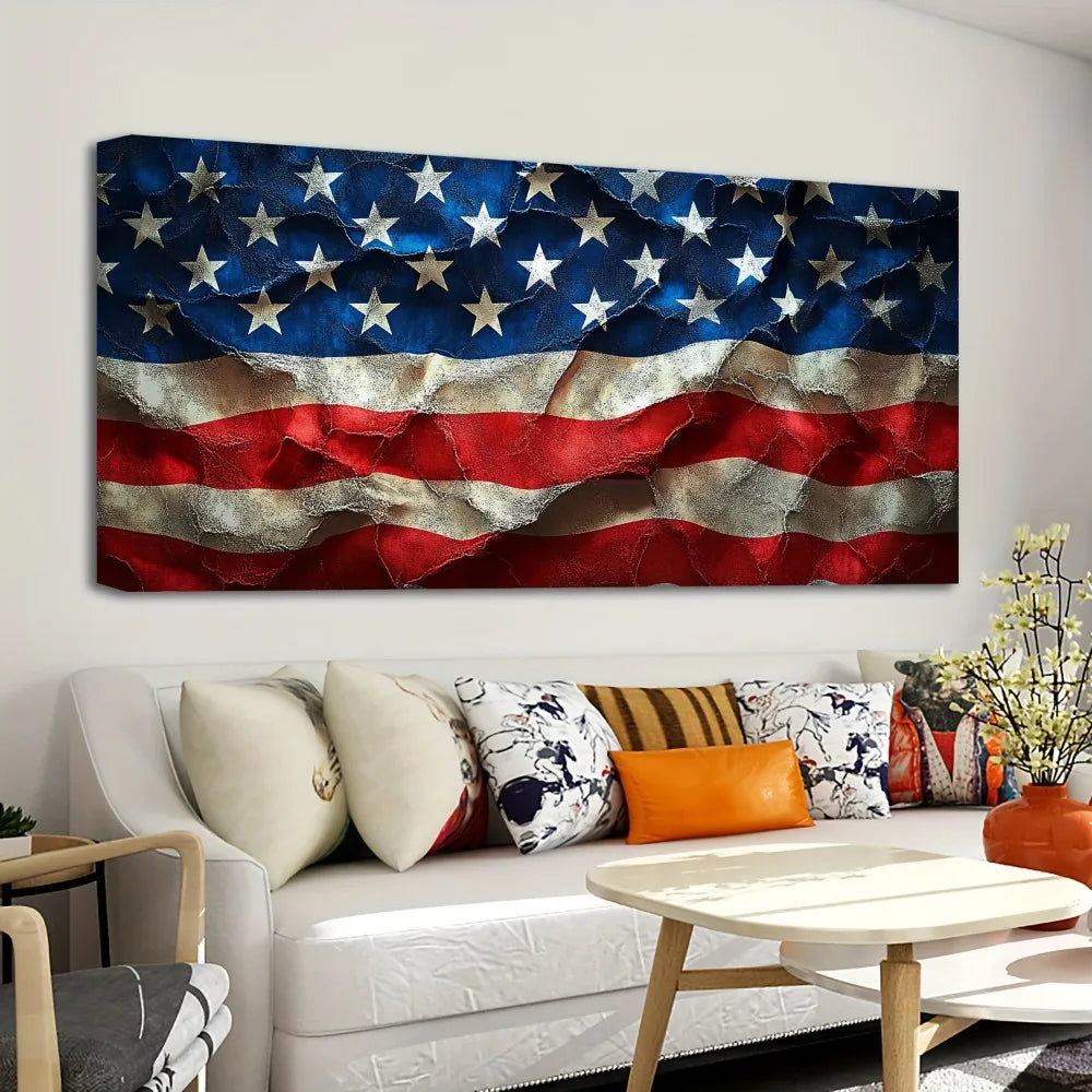 1.5 Inch Thick Pine Solid Wood Frame American Flag Wall Art Independence Day Canvas Home Decor