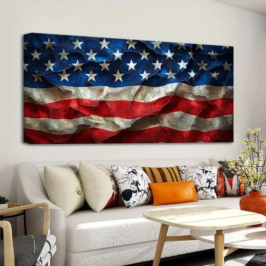 1.5 Inch Thick Pine Solid Wood Frame American Flag Wall Art Independence Day Canvas Home Decor
