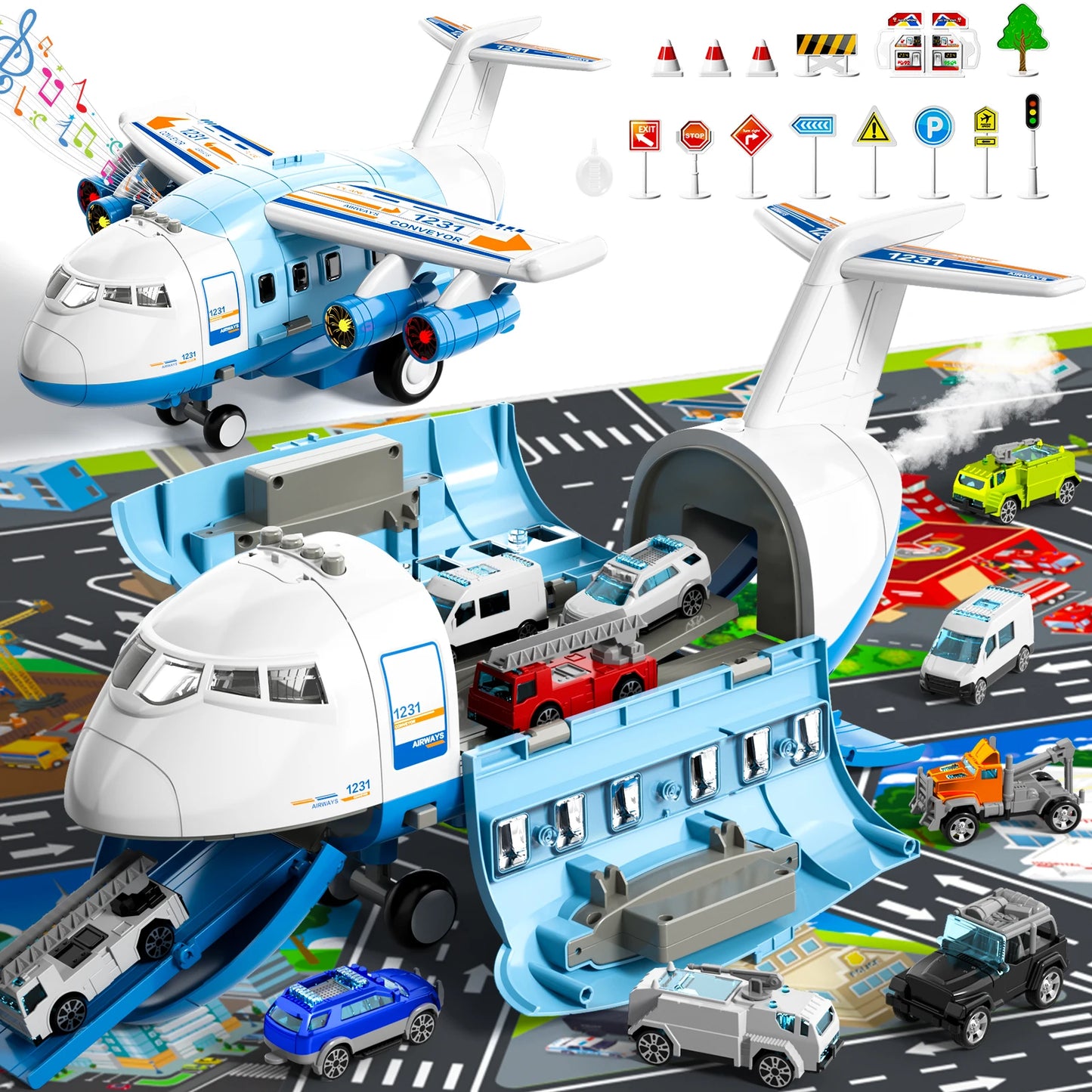 Airplane Kids Toys for Ages 4 to 8 Large Transport Spray Aeroplane with 10 Fire Truck Vehicles Birthday Gifts