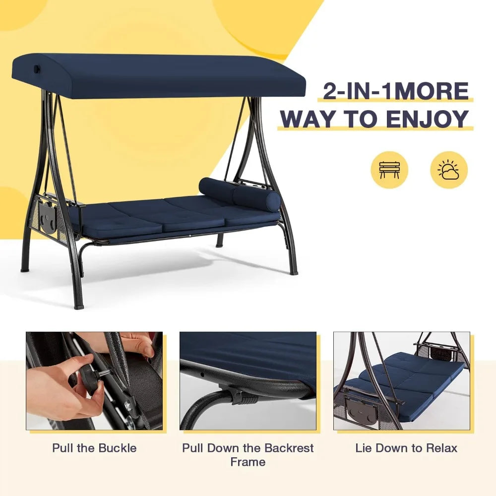 3 Person Outdoor Porch Swing with Adjustable Canopy and Deep Cup Holder Weather Resistant Patio Swing Bed