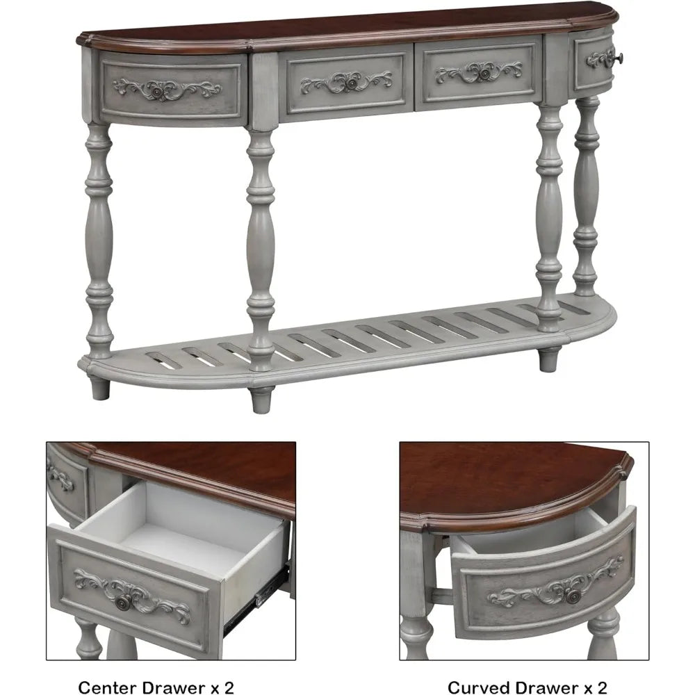 Retro Wood Curved Console Table 52 Inch Half Moon Hall Sofa Table with Drawers and Shelf for Living Room Entryway Furniture